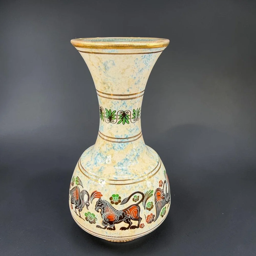 Neofitou Keramik Handmade‎ Ceramic Vase Vessel Lion Swan Greek Pottery Gold Trim